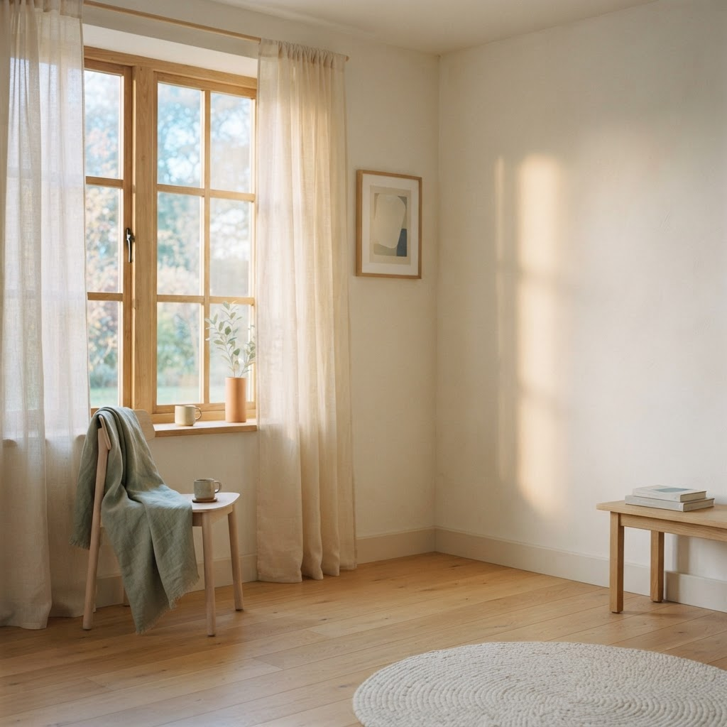 Soft morning light entering a quiet, minimal room through a large window